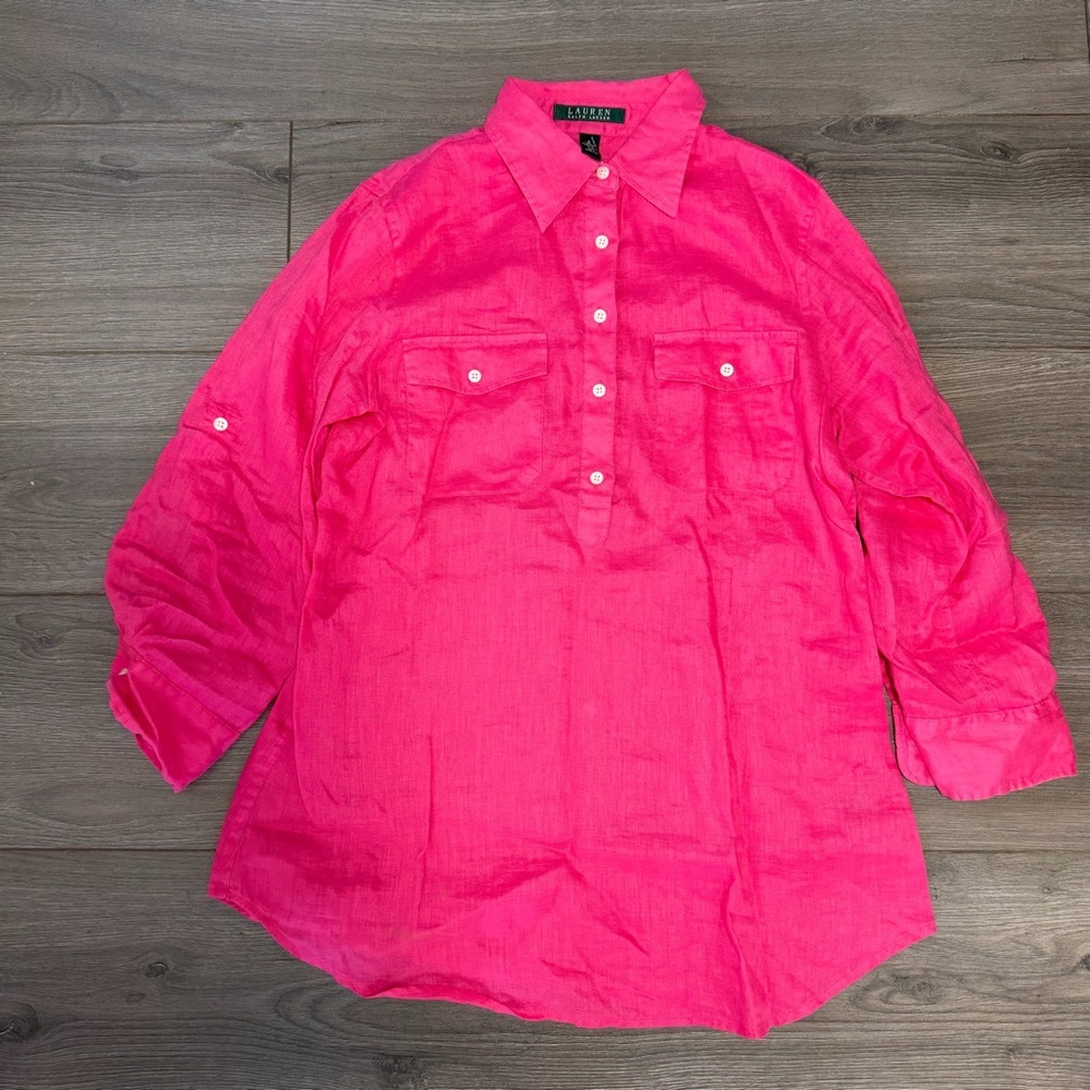 RALPH LAUREN %100 linen Bright Pink Button-Up Shirt-BRAND NEW